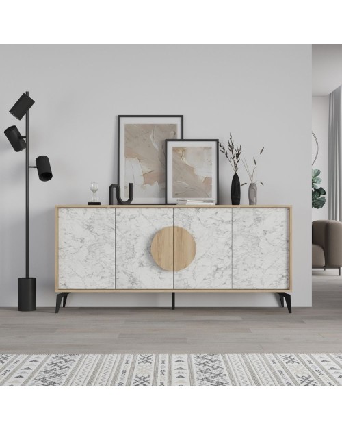 Madia 4 ante Gora180 colore bianco effetto marmo carrara e rovere 180x35,6x82