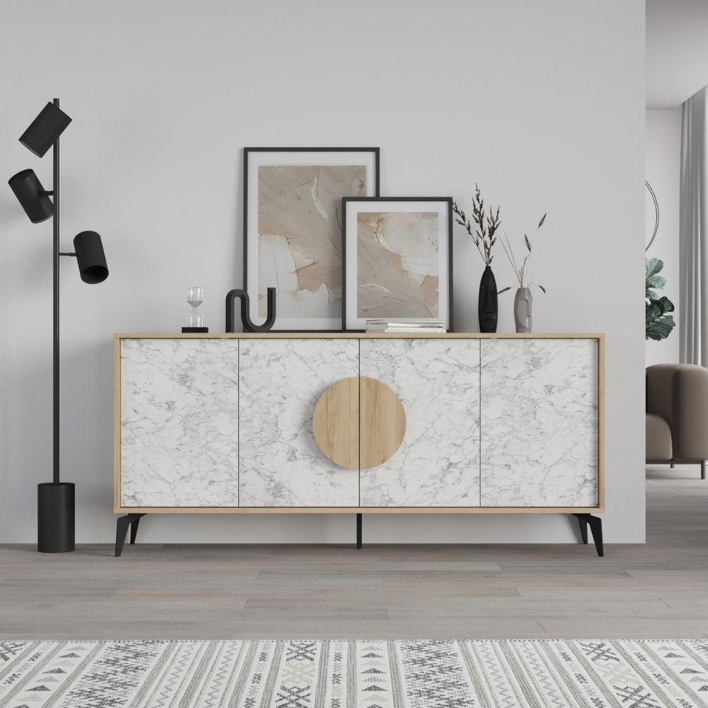 Madia 4 ante Gora180 colore bianco effetto marmo carrara e rovere 180x35,6x82