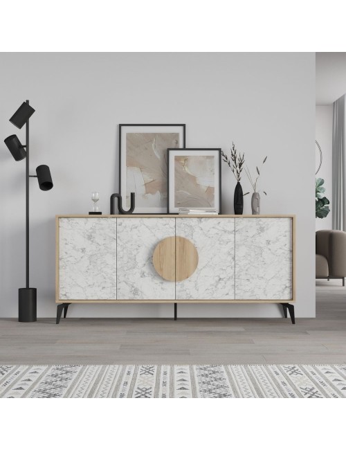 Madia 4 ante Gora180 colore bianco effetto marmo carrara e rovere 180x35,6x82