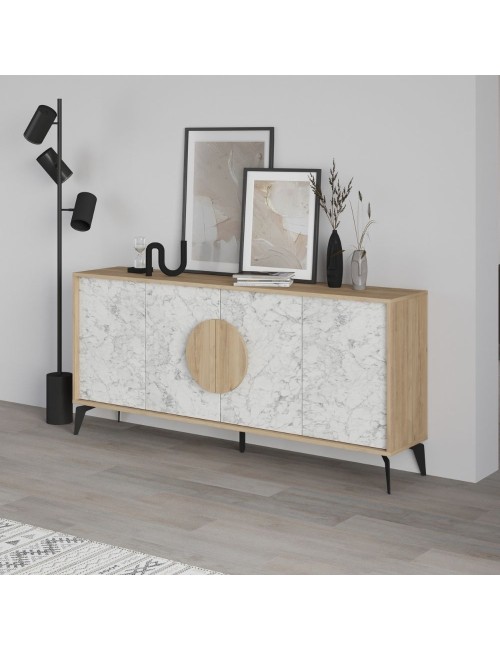Madia 4 ante Gora180 colore bianco effetto marmo carrara e rovere 180x35,6x82