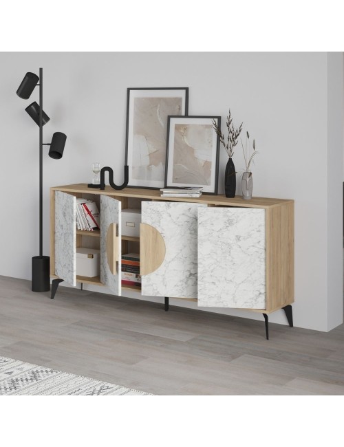 Madia 4 ante Gora180 colore bianco effetto marmo carrara e rovere 180x35,6x82