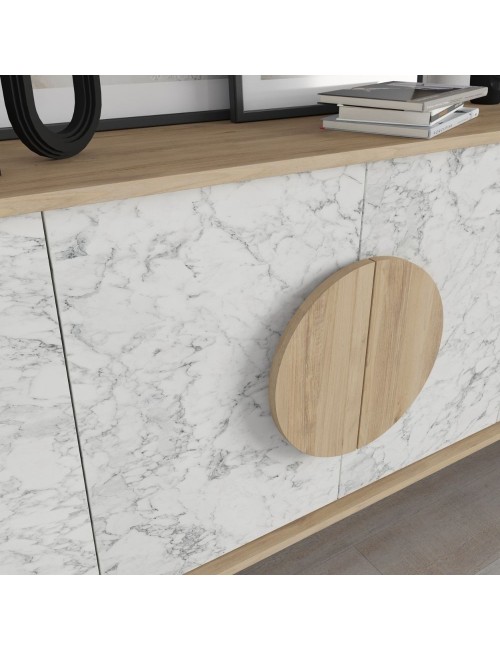 Madia 4 ante Gora180 colore bianco effetto marmo carrara e rovere 180x35,6x82
