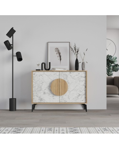 Madia 2 ante Gora110 110x35,6x82 colore bianco effetto marmo carrara e rovere
