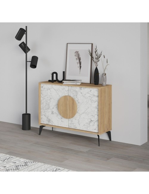 Madia 2 ante Gora110 110x35,6x82 colore bianco effetto marmo carrara e rovere