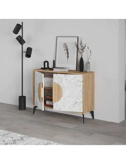 Madia 2 ante Gora110 110x35,6x82 colore bianco effetto marmo carrara e rovere