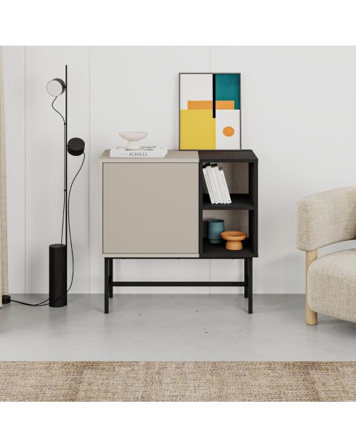 Mobile multiuso Mona Mini con anta cashmere e due vani a giorno neri 81x40x80H