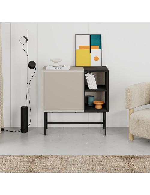 Mobile multiuso Mona Mini con anta cashmere e due vani a giorno neri 81x40x80H