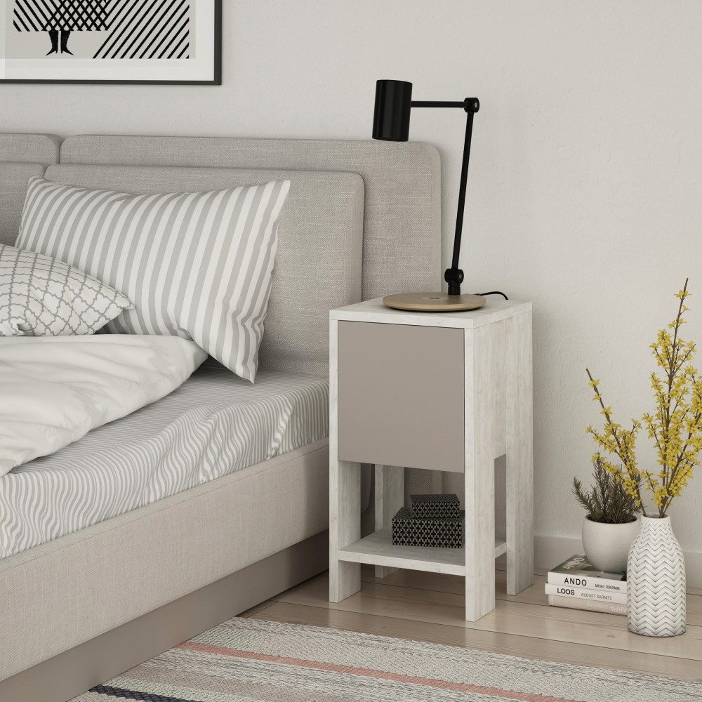 Comodino Ema anta ribalta 30x30x55h colore bianco tortora