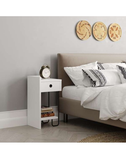 Comodino Sirius bianco con cassetto e gamba in metallo nero sinistro