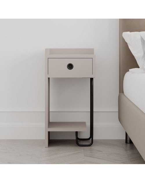 Comodino Sirius tortora con cassetto e gamba in metallo nero sinistro