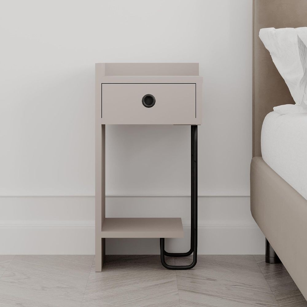Comodino Sirius tortora con cassetto e gamba in metallo nero sinistro