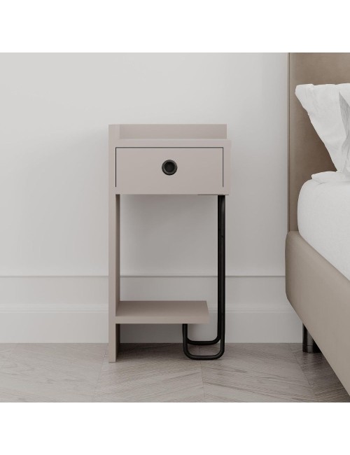 Comodino Sirius tortora con cassetto e gamba in metallo nero sinistro