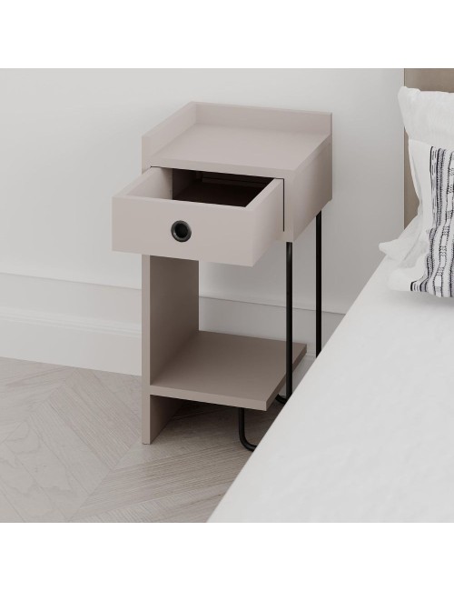 Comodino Sirius tortora con cassetto e gamba in metallo nero sinistro