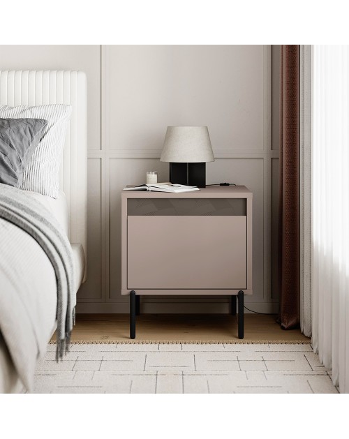 Comodino Mott tortora con cassetto e dettaglio decorativo 45x40x50H