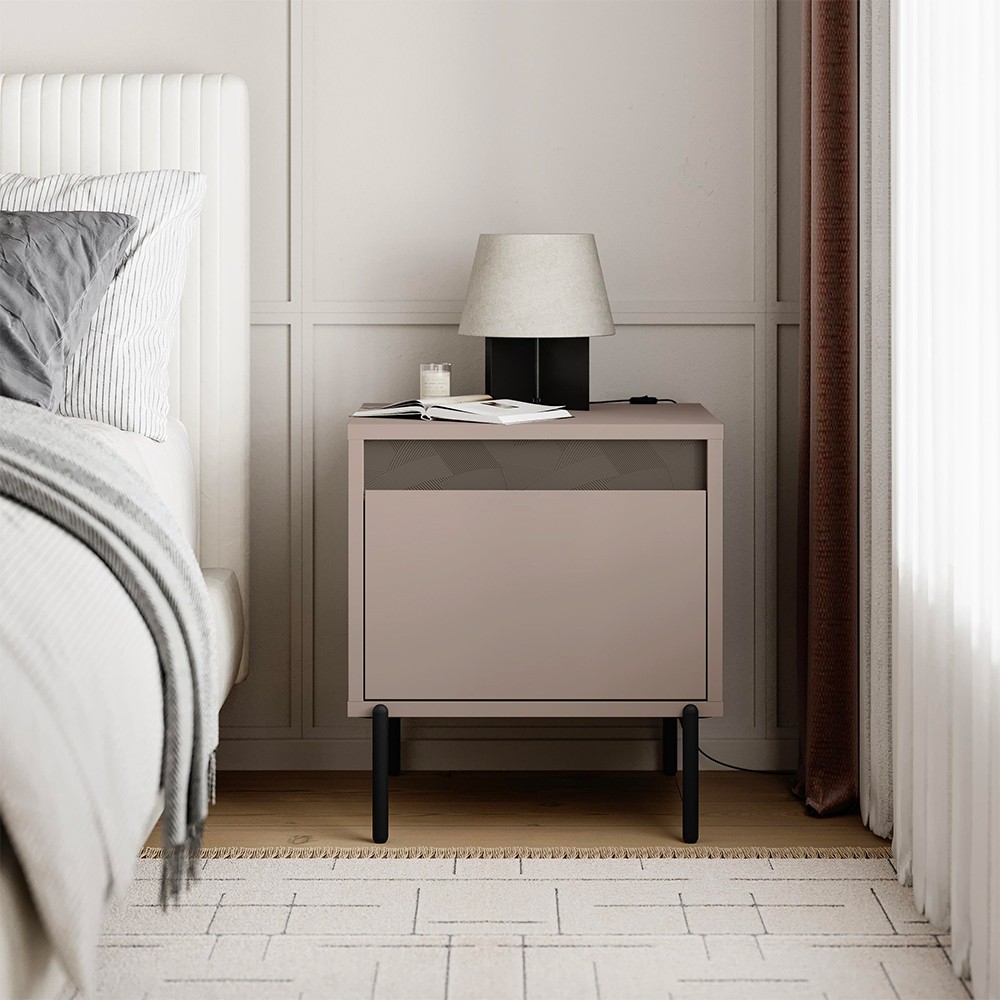 Comodino Mott tortora con cassetto e dettaglio decorativo 45x40x50H