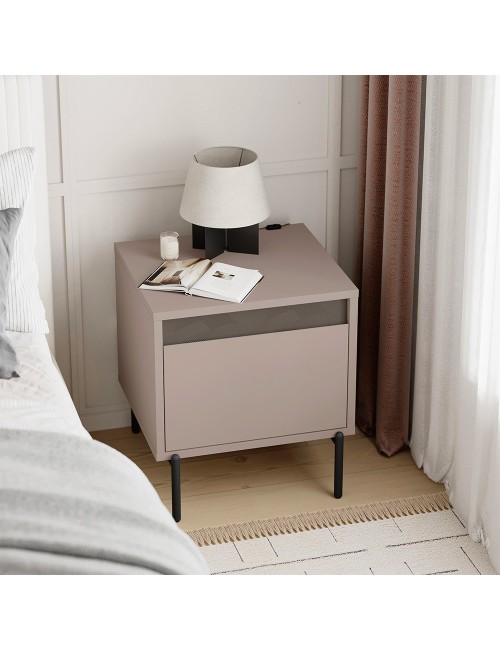 Comodino Mott tortora con cassetto e dettaglio decorativo 45x40x50H