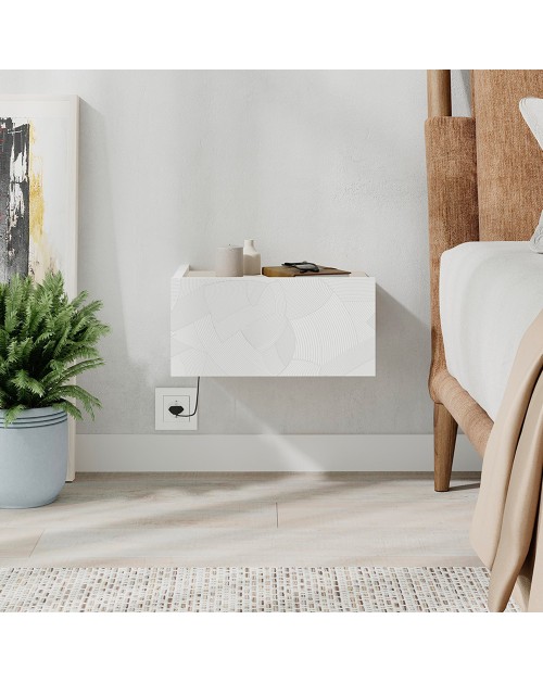 Comodino sospeso Onda con cassetto e luci integrate 40 cm bianco e cashmere