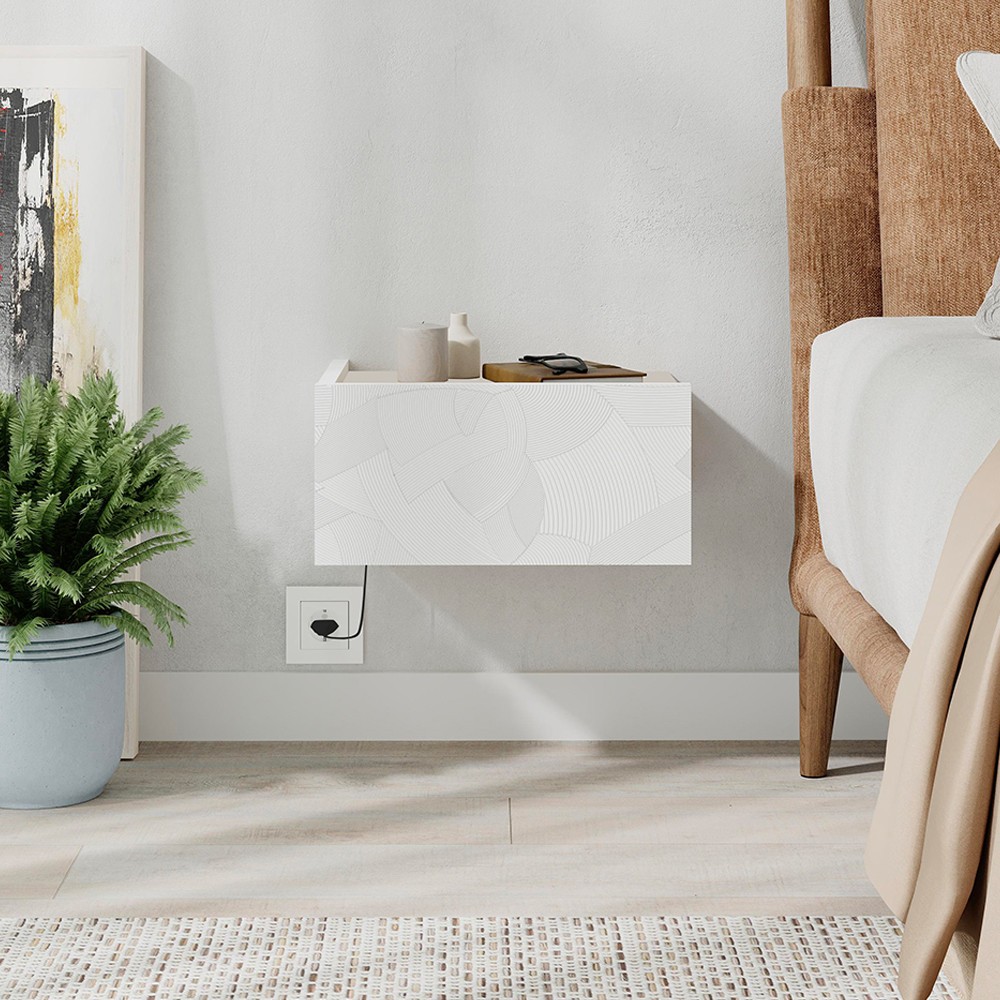Comodino sospeso Onda con cassetto e luci integrate 40 cm bianco e cashmere