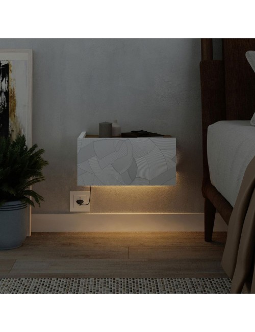 Comodino sospeso Onda con cassetto e luci integrate 40 cm bianco e cashmere