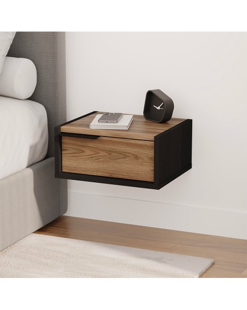 Comodino sospeso Eco con cassetto 40 cm nero e rovere oud con maniglia reversibile