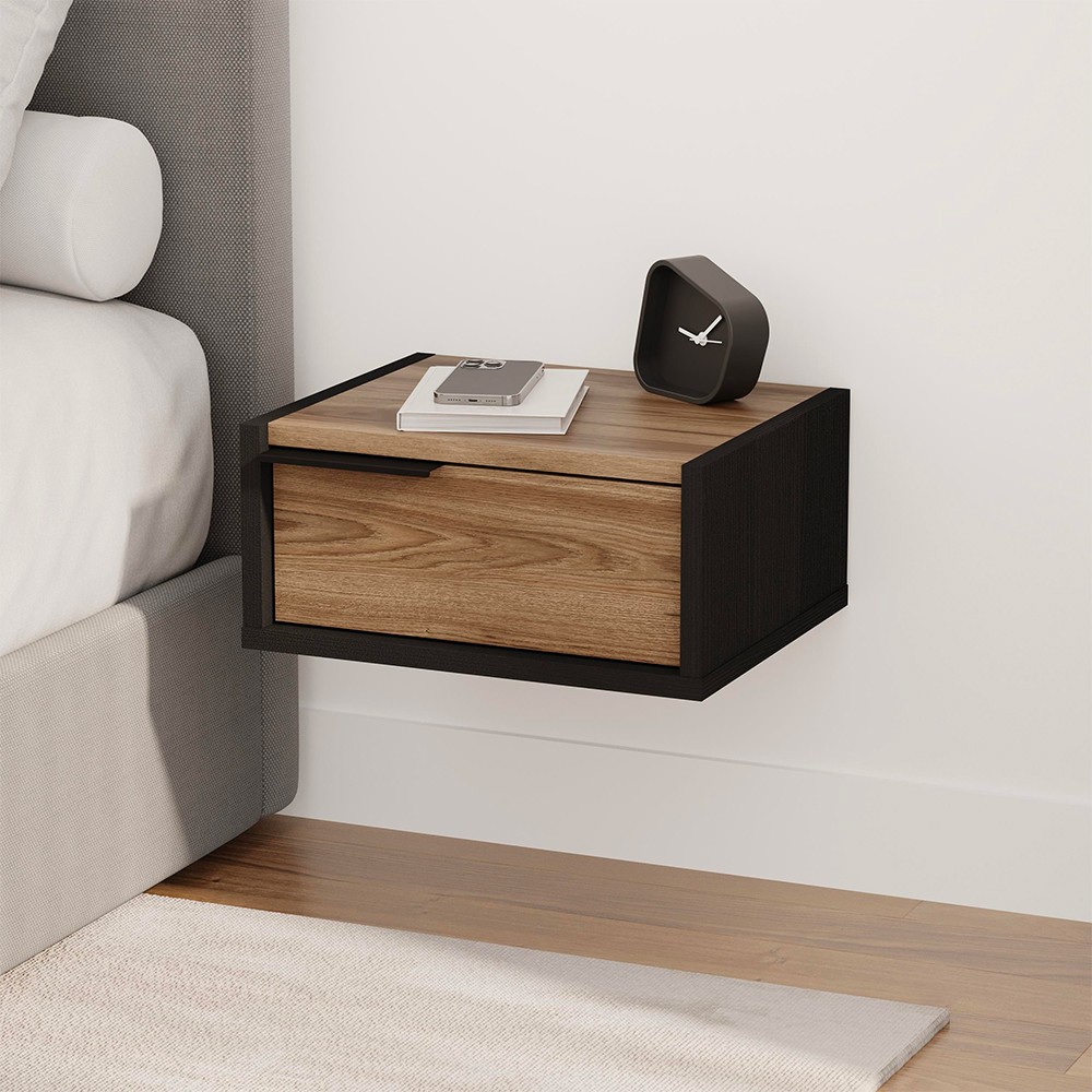 Comodino sospeso Eco con cassetto 40 cm nero e rovere oud con maniglia reversibile