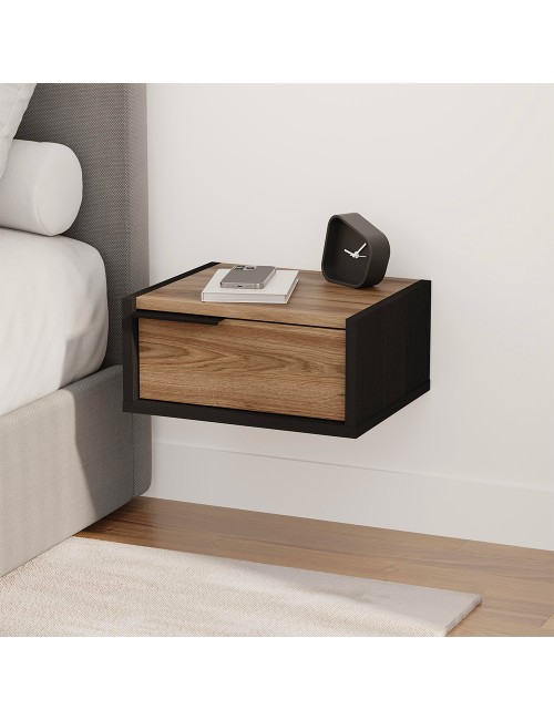 Comodino sospeso Eco con cassetto 40 cm nero e rovere oud con maniglia reversibile