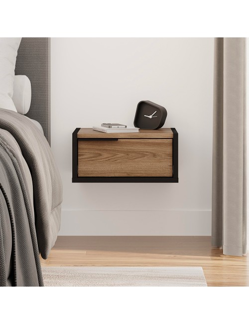 Comodino sospeso Eco con cassetto 40 cm nero e rovere oud con maniglia reversibile