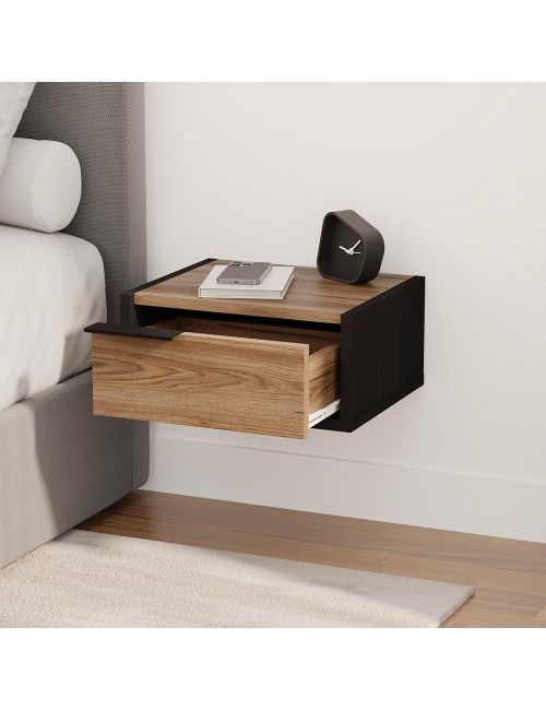 Comodino sospeso Eco con cassetto 40 cm nero e rovere oud con maniglia reversibile