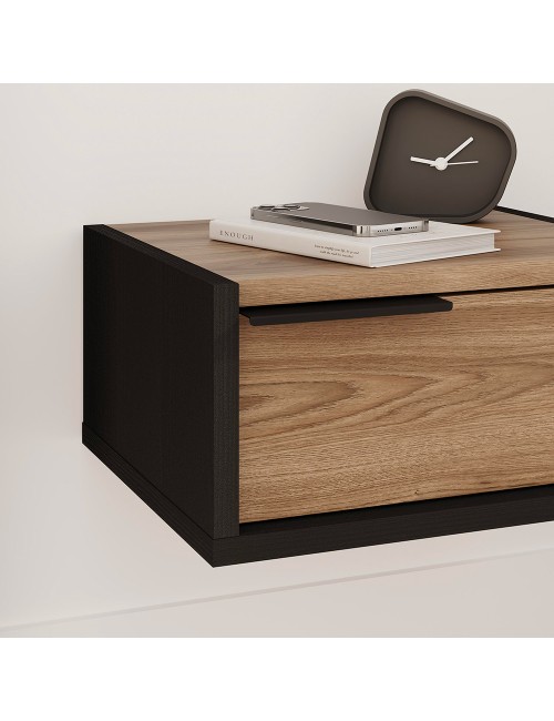 Comodino sospeso Eco con cassetto 40 cm nero e rovere oud con maniglia reversibile