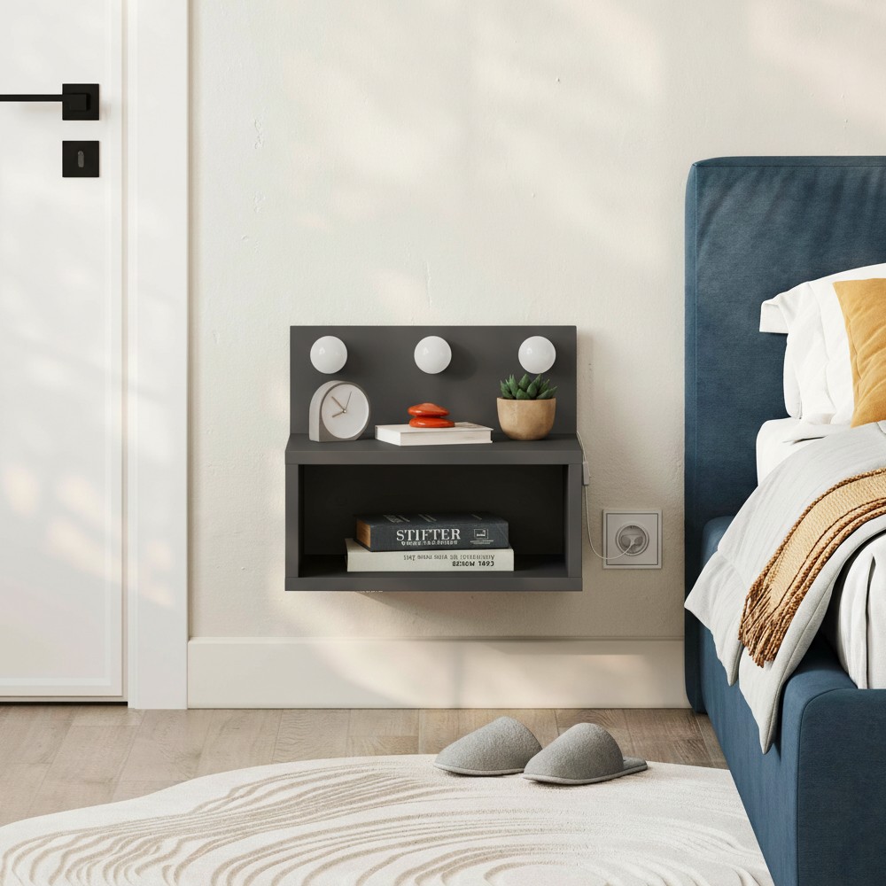 Comodino sospeso antracite Treo con luci LED integrate vano a giorno
