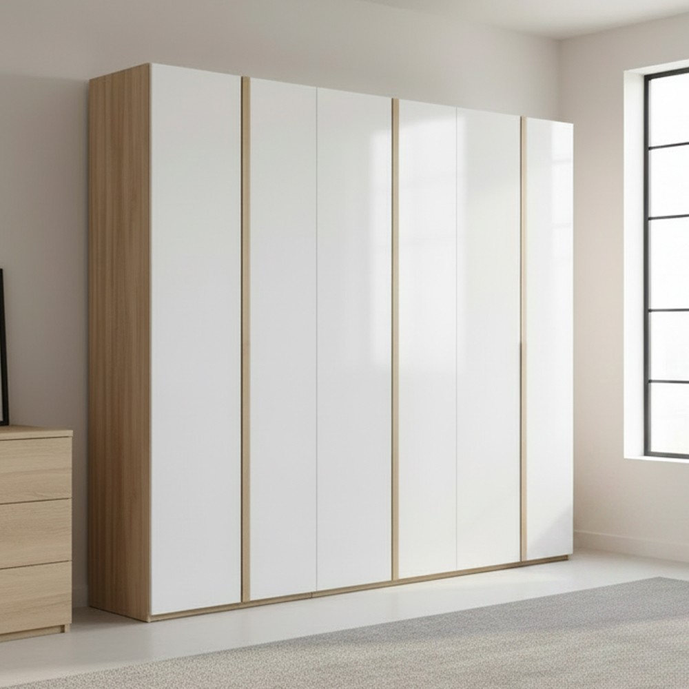 Armadio Matrimoniale Melodia 273 cm con 6 Ante Battenti | Guardaroba Moderno Olmo e Bianco Lucido