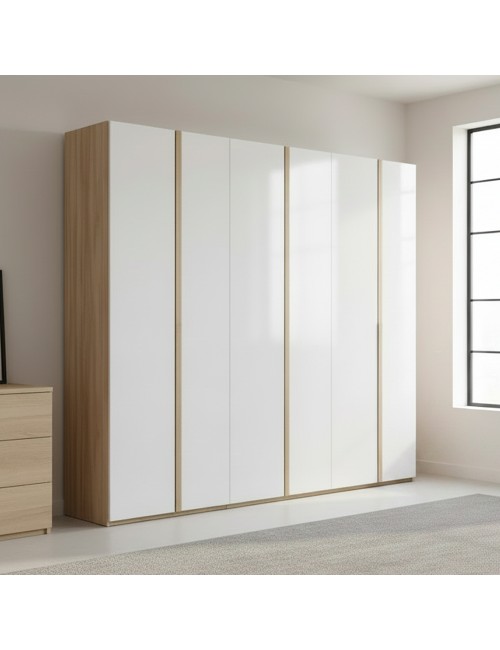 Armadio Matrimoniale Melodia 273 cm con 6 Ante Battenti | Guardaroba Moderno Olmo e Bianco Lucido
