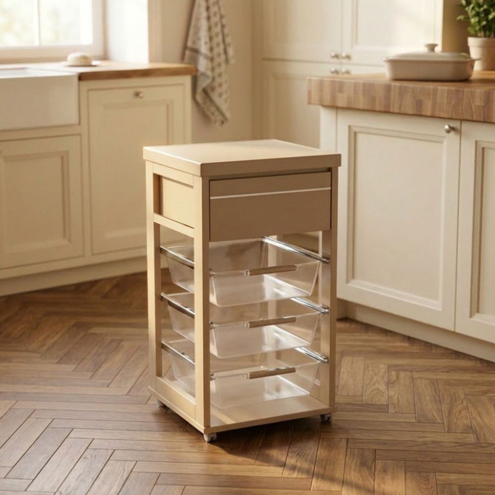 Carrello Dolly in Faggio Massello Tortora con Cesti Trasparenti – Eleganza e Praticità per la Casa