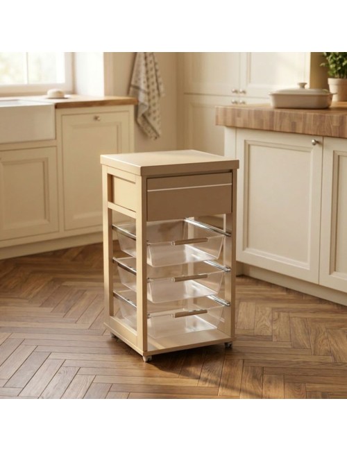 Carrello Dolly in Faggio Massello Tortora con Cesti Trasparenti – Eleganza e Praticità per la Casa