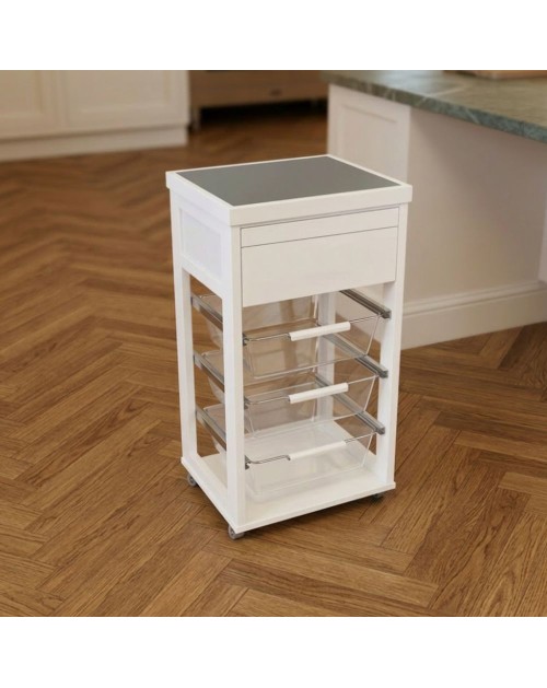 Carrello Dolly in Faggio Massello Bianco con Cesti Trasparenti – Luminosità e Funzionalità per Ogni Ambiente