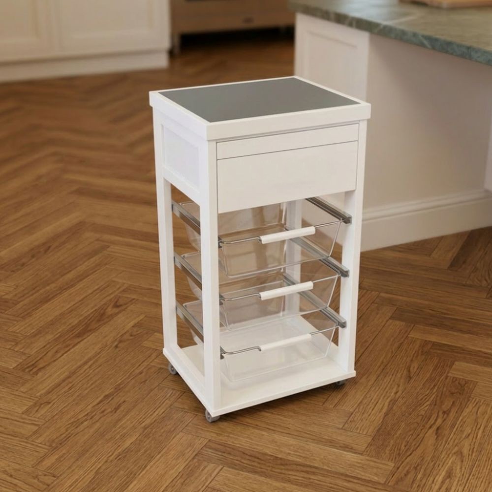 Carrello Dolly in Faggio Massello Bianco con Cesti Trasparenti – Luminosità e Funzionalità per Ogni Ambiente