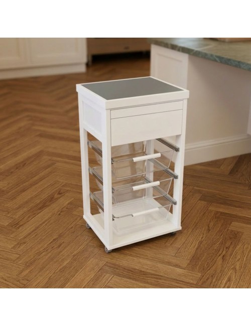Carrello Dolly in Faggio Massello Bianco con Cesti Trasparenti – Luminosità e Funzionalità per Ogni Ambiente