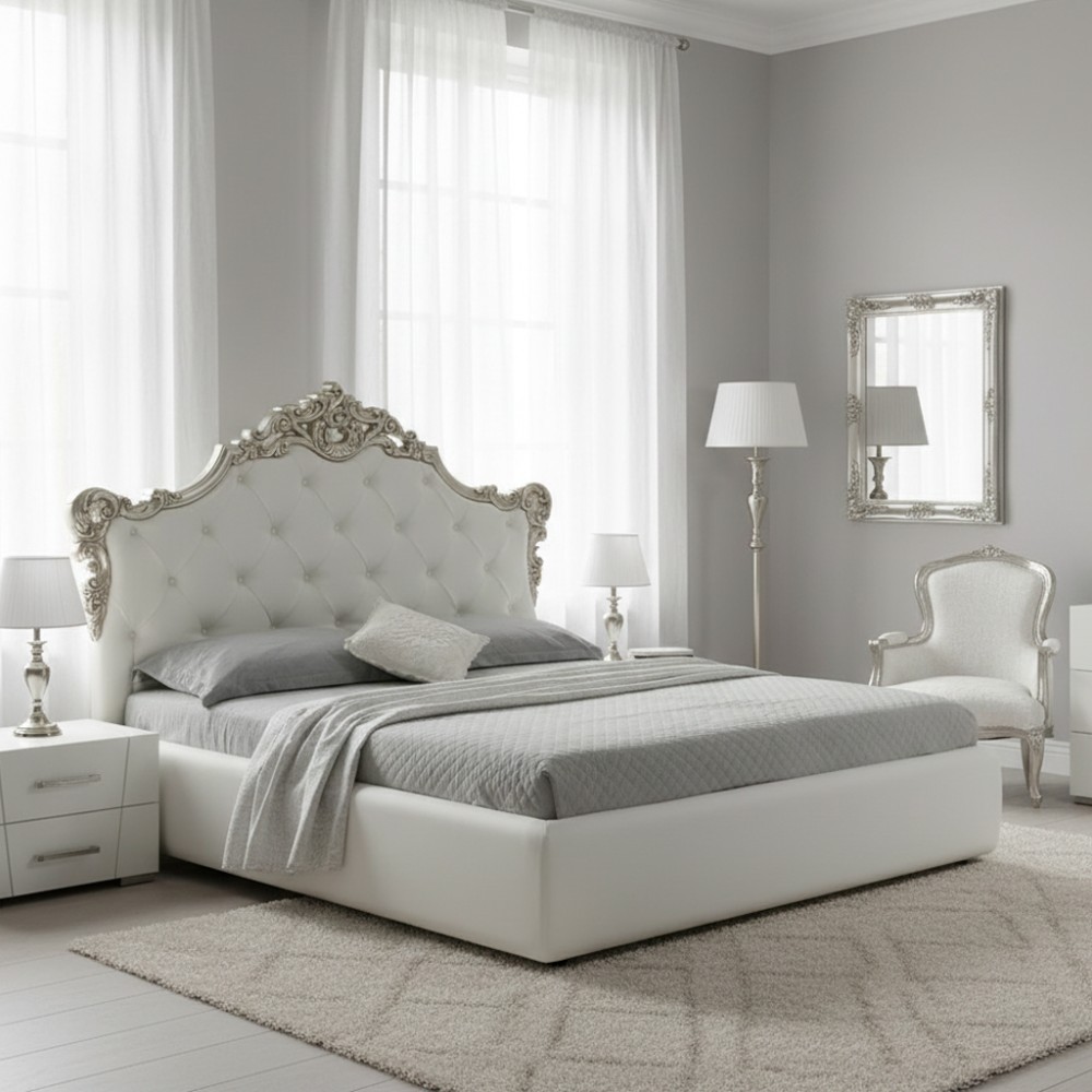 Letto matrimoniale con contenitore Savoia colore bianco e fregio argento