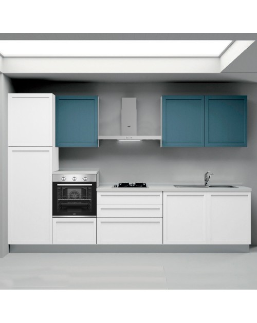 Cucina lineare Venere 330 sinistra con elettrodomestici inclusi – Basi bianco frassinato e pensili Avio