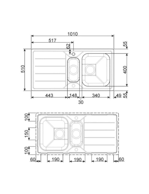 Lavello Incasso 2 Vasche e Gocciolatoio Reversibile 100x50 Smeg