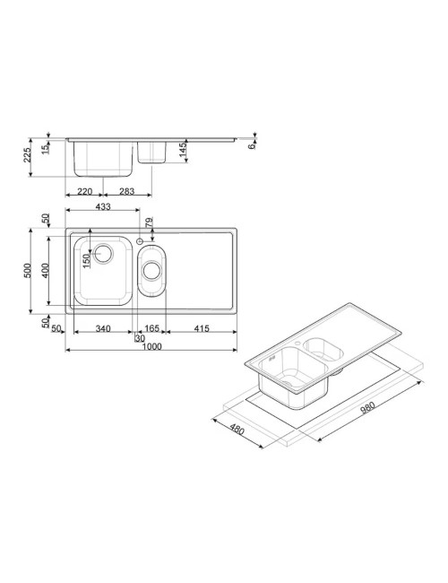Lavello Incasso Semifilo 2 Vasche e Gocciolatoio SX 100x50 Smeg