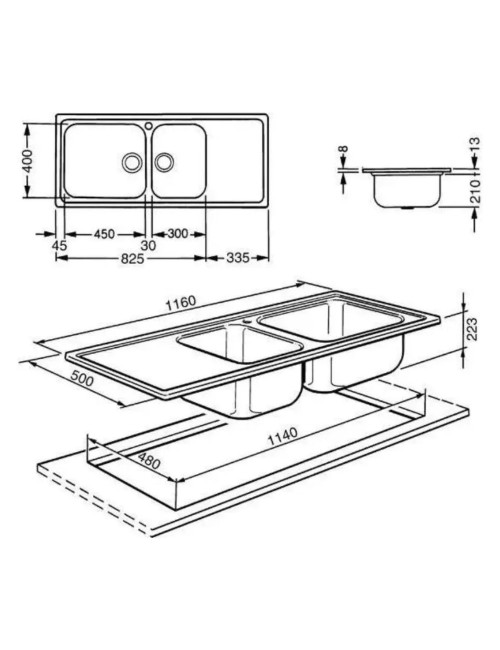 Lavello Incasso Semifilo 2 Vasche e Gocciolatoio Sinistro 116x50 Smeg