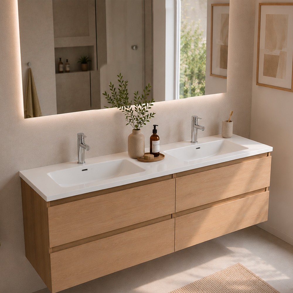 Lavabo da Incasso doppia vasca Bulnes121 in Ceramica Bianco Lucido 121 cm – Eleganza Essenziale per il Bagno