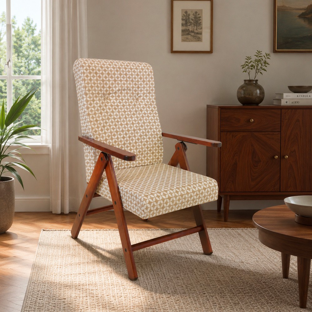 Poltrona Linosa Regolabile 4 Posizioni in Legno di Faggio Noce e tessuto fantasia beige – Design e Relax Quotidiano