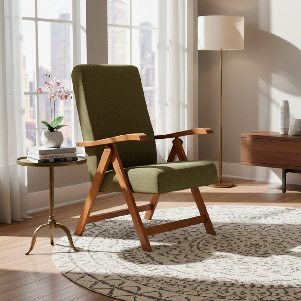 Poltrona Caprera Regolabile 4 Posizioni in Legno di Faggio rovere e tessuto verde – Comfort e Versatilità