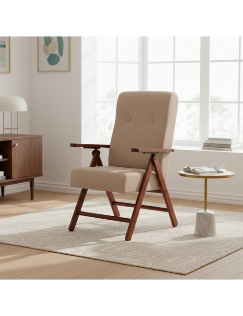 Poltrona Pianosa Regolabile 4 Posizioni in Legno di Faggio Noce e tessuto Beige – Comfort e Relax Quotidiano