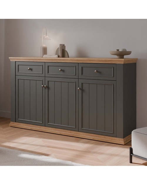 Madia Essenza 3 Ante e 3 Cassetti Grigio Scuro e Rovere 169 cm – Stile Classico Moderno