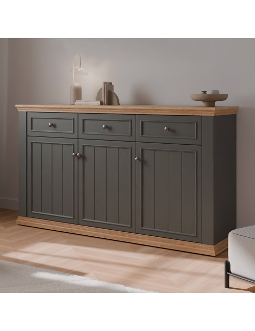Madia Essenza 3 Ante e 3 Cassetti Grigio Scuro e Rovere 169 cm – Stile Classico Moderno