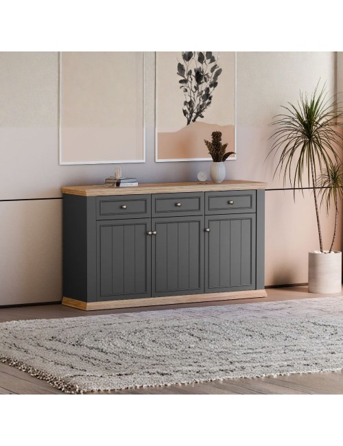 Madia Essenza 3 Ante e 3 Cassetti Grigio Scuro e Rovere 169 cm – Stile Classico Moderno