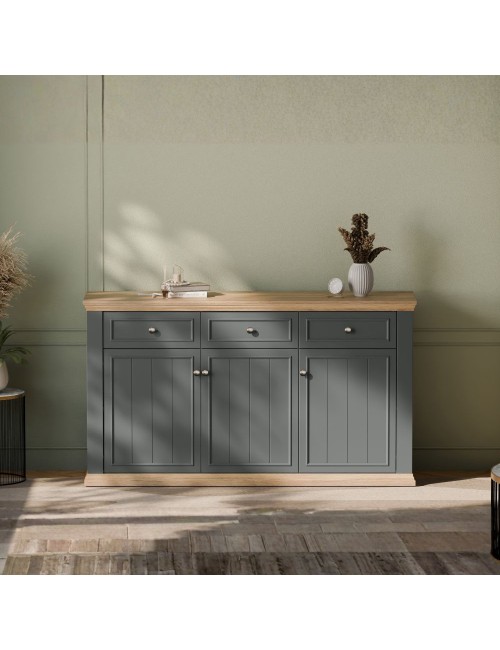 Madia Essenza 3 Ante e 3 Cassetti Grigio Scuro e Rovere 169 cm – Stile Classico Moderno